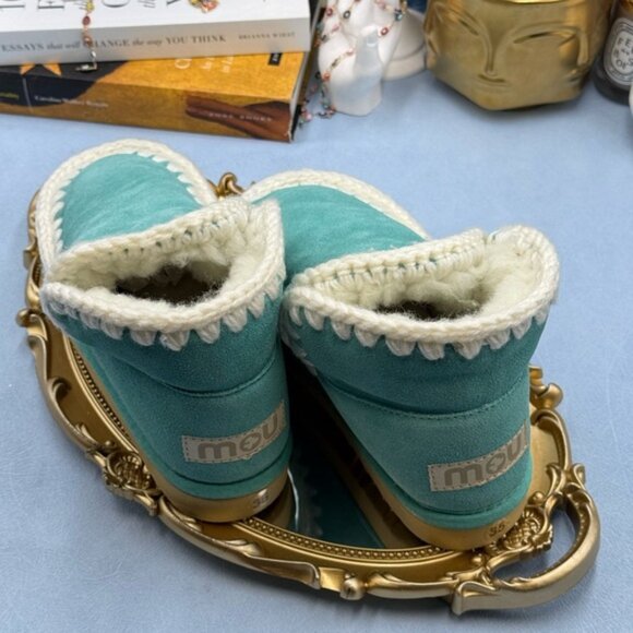 🆕 MOU 🧿 NWT WOB Teal Eskimo Ankle Boot, Cream Crochet Overstitch, Sz EU 35 - Picture 10 of 13
